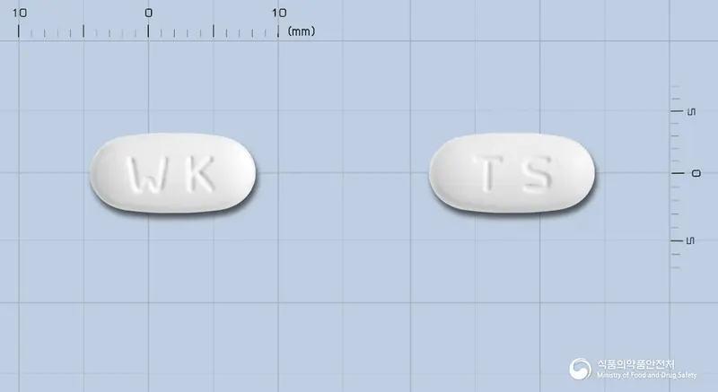 뉴텔미정40mg(텔미사르탄) 앞뒤 사진 (흰색 타원형, 각인 WK / TS)