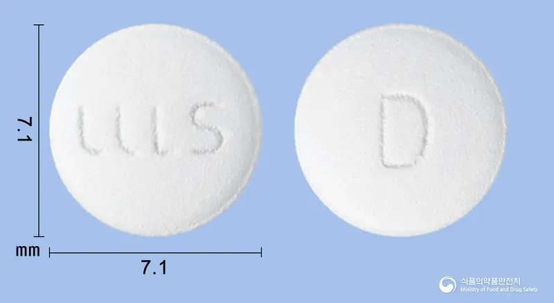 뉴로케어정5mg(도네페질염산염수화물) 앞뒤 사진 (흰색 원형, 각인 D)