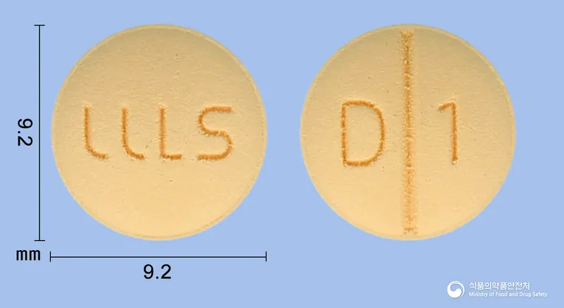 뉴로케어정10mg(도네페질염산염수화물) 앞뒤 사진 (노란색 원형, 각인 D 1)