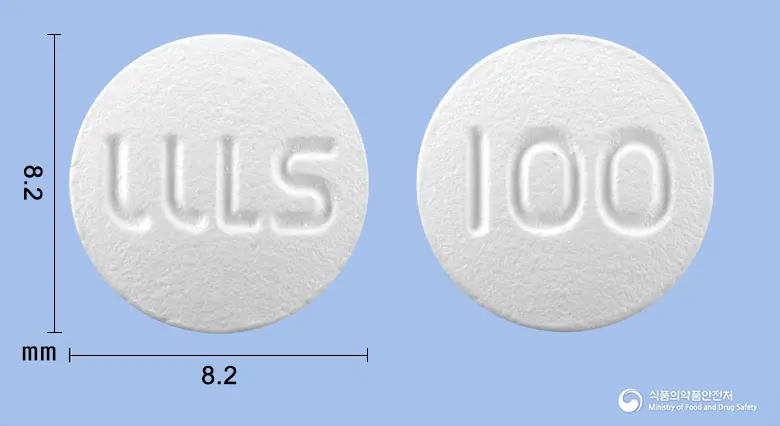 하이록신정100mg(레보플록사신수화물) 앞뒤 사진 (흰색 원형, 각인 100)
