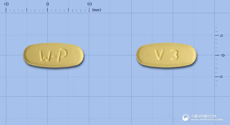 발사핀정10/160밀리그램 앞뒤 사진 (노란색 타원형, 각인 V3)