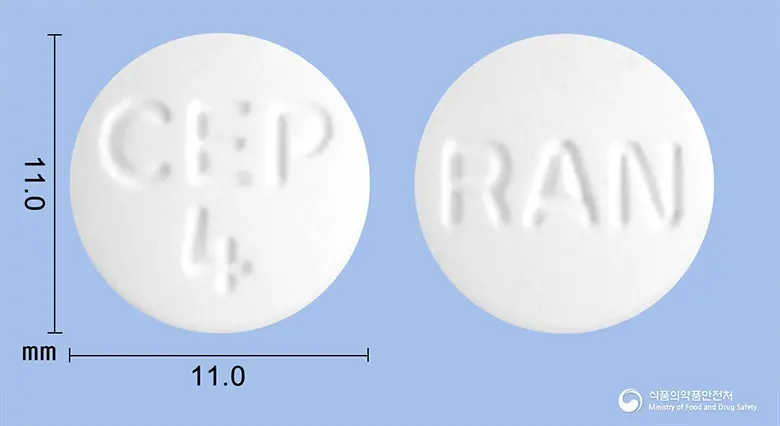 셀티딘정150mg(라니티딘염산염) 앞뒤 사진 (흰색 원형, 각인 CEP 4 / RAN)