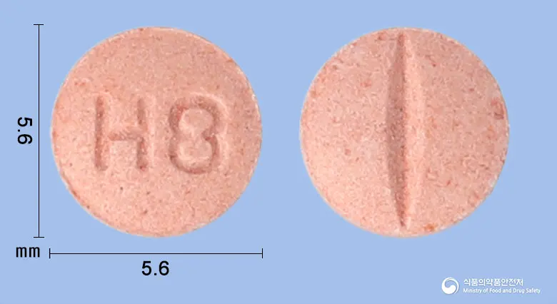 하이살탄정8mg(칸데사르탄실렉세틸) 앞뒤 사진 (분홍색 원형, 각인 H8)