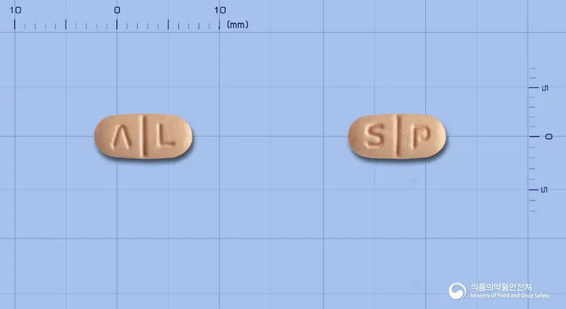 하이살탄플러스정16/12.5mg 앞뒤 사진 (분홍색 타원형, 각인 Λ L / S P)