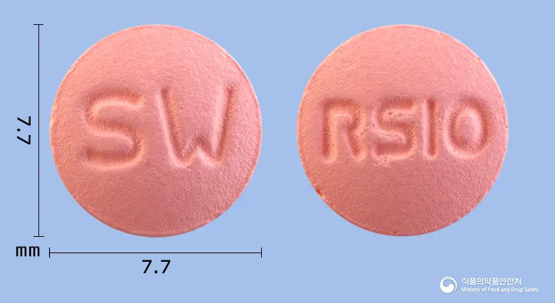 크레스반정10mg(로수바스타틴칼슘) 앞뒤 사진 (분홍색 원형, 각인 SW / RS10)
