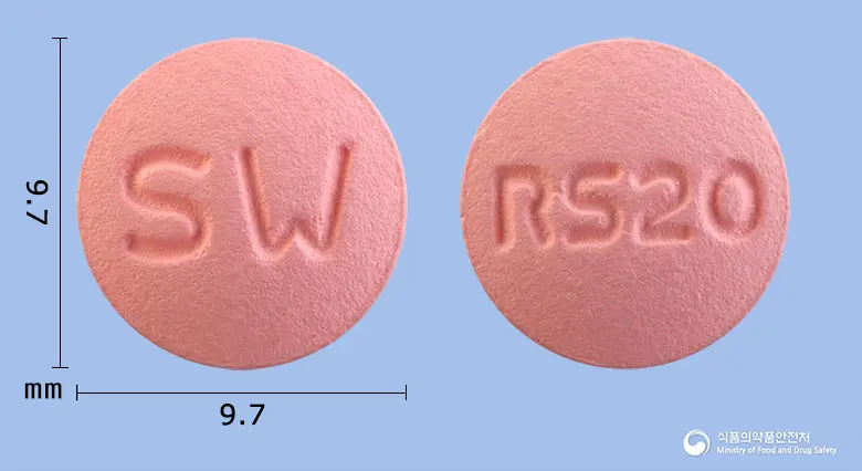 크레스반정20mg(로수바스타틴칼슘) 앞뒤 사진 (분홍색 원형, 각인 SW / RS20)
