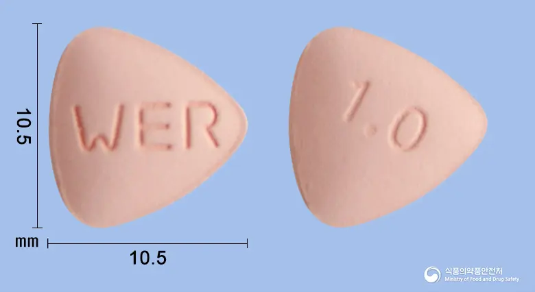 엔테비르정1.0mg(엔테카비르) 앞뒤 사진 (분홍색 삼각형, 각인 WER / 1.0)