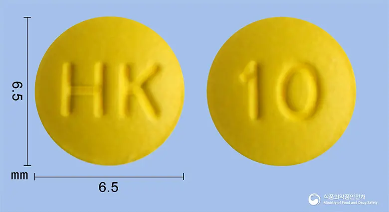 라베파정10밀리그램(라베프라졸나트륨) 앞뒤 사진 (노란색 원형, 각인 HK / 10)