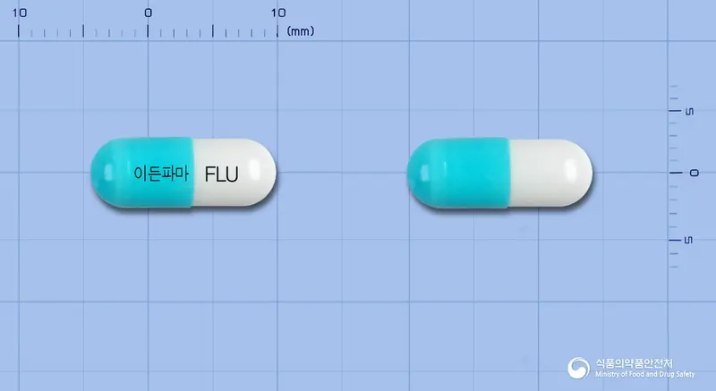 플루란캡슐(플루코나졸) 앞뒤 사진 (청록색 캡슐, 각인 이든파마 FLU)