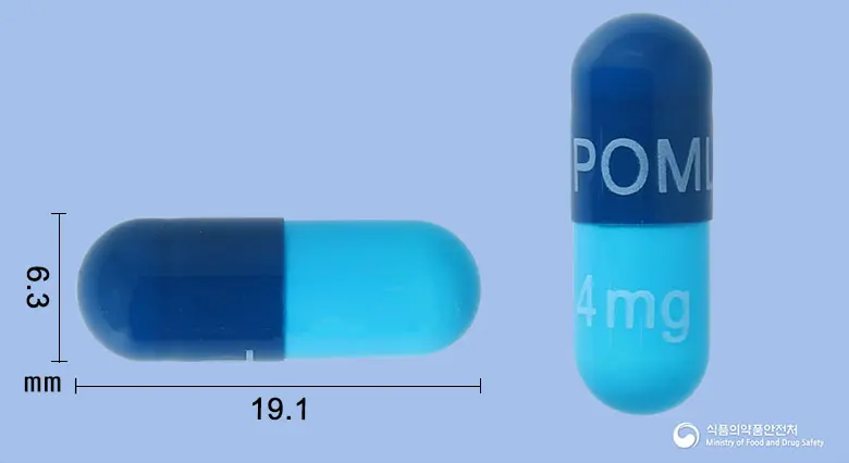 포말리스트캡슐4밀리그램(포말리도마이드) 앞뒤 사진 (파란색 캡슐, 각인 POML4mg)