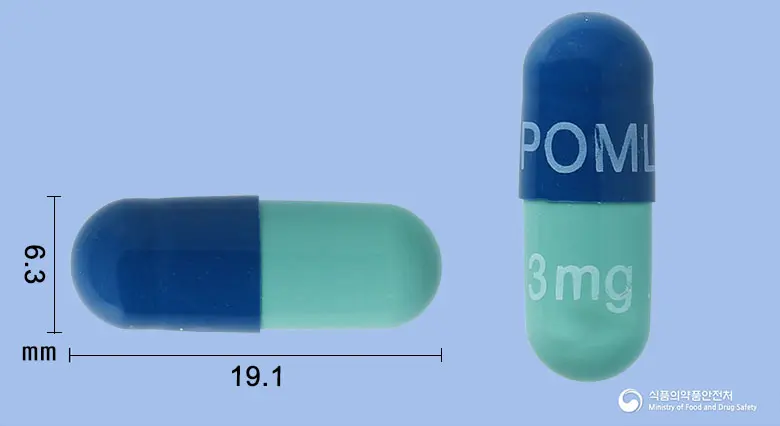 포말리스트캡슐3밀리그램(포말리도마이드) 앞뒤 사진 (파란색 캡슐, 각인 POML3mg)