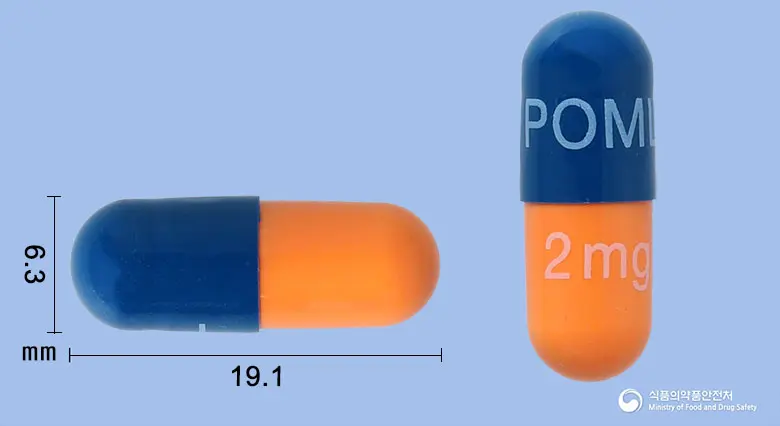 포말리스트캡슐2밀리그램(포말리도마이드) 앞뒤 사진 (파란색 캡슐, 각인 POML2mg)