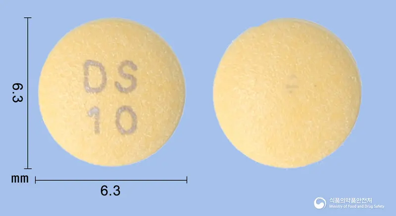 동성라베프라졸정10mg(라베프라졸나트륨) 앞뒤 사진 (주황색 원형, 각인 DS10)