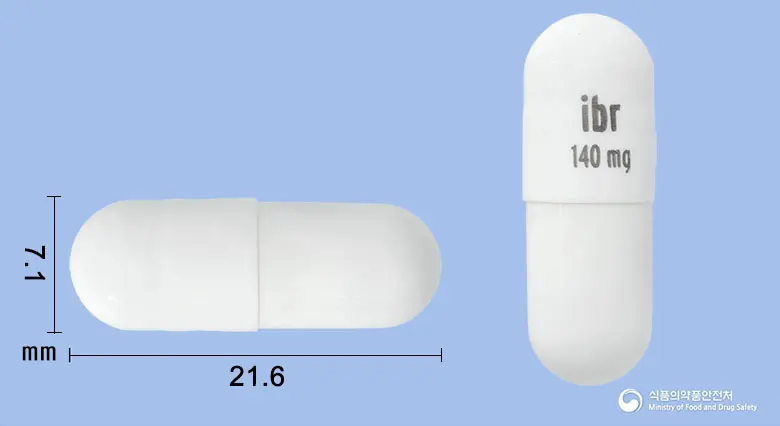 임브루비카캡슐140밀리그램(이브루티닙) 앞뒤 사진 (흰색 캡슐, 각인 ibr140mg)
