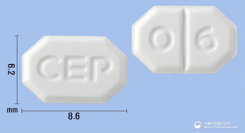 셀로디핀정(암로디핀베실산염) 앞뒤 사진 (흰색 팔각형, 각인 CEP / 0 6)