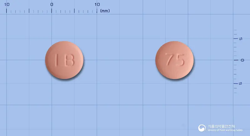 일양바이오클로피도그렐황산염정75밀리그램 앞뒤 사진 (분홍색 원형, 각인 IB / 75)