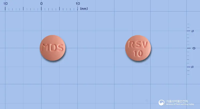메로바정10밀리그램(로수바스타틴칼슘) 앞뒤 사진 (분홍색 원형, 각인 MDS / RSV10)
