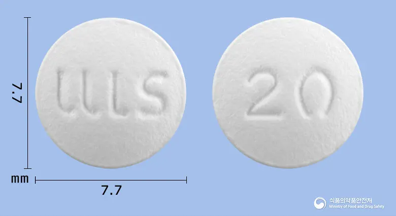 아트로드정20mg(아토르바스타틴칼슘수화물) 앞뒤 사진 (흰색 원형, 각인 20)