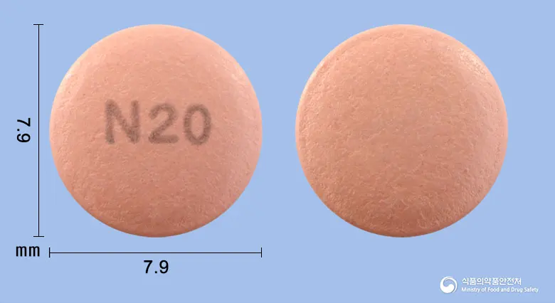 넥스졸정20mg(에스오메프라졸마그네슘삼수화물) 앞뒤 사진 (분홍색 원형, 각인 N20)