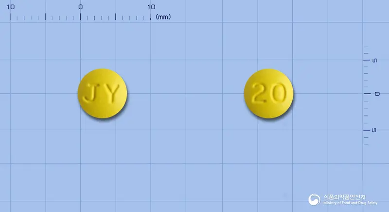 에스프라정20mg(라베프라졸나트륨) 앞뒤 사진 (노란색 원형, 각인 JY / 20)
