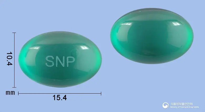 다나센연질캡슐(나프록센) 앞뒤 사진 (초록색·투명 캡슐, 각인 SNP)