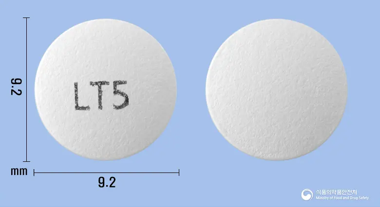휴란정150mg(라니티딘염산염) 앞뒤 사진 (흰색 원형, 각인 LT5)
