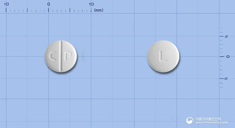 텔미로탄정40mg(텔미사르탄) 앞뒤 사진 (흰색 원형, 각인 C P / L)