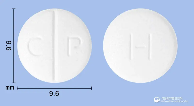 텔미로탄정80mg(텔미사르탄) 앞뒤 사진 (흰색 원형, 각인 C P / H)