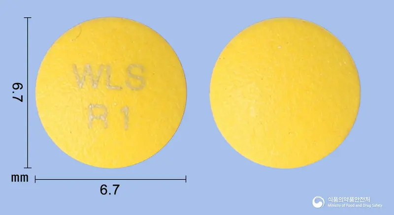 라베프졸정10mg(라베프라졸나트륨) 앞뒤 사진 (노란색 원형, 각인 WLSR1)