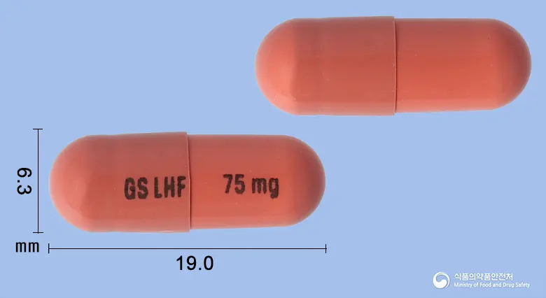 라핀나캡슐75밀리그램(다브라페닙메실산염) 앞뒤 사진 (분홍색 캡슐, 각인 GS LHF 75mg)