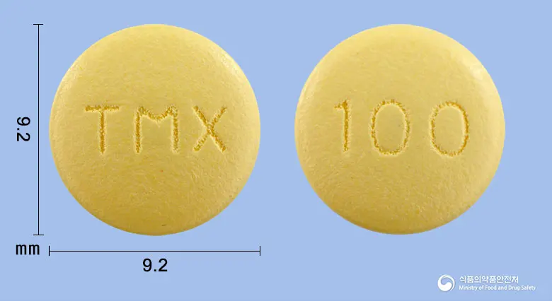 토맥스정100밀리그램(토피라메이트) 앞뒤 사진 (노란색 원형, 각인 TMX / 100)