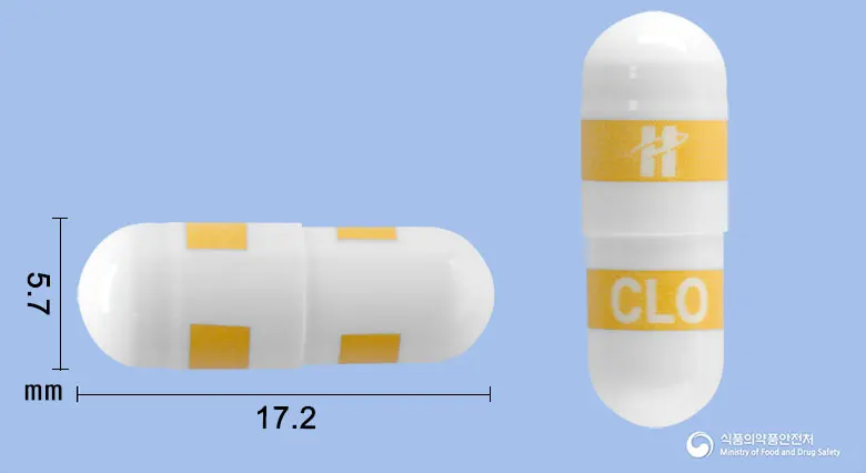 세레온캡슐(세레콕시브) 앞뒤 사진 (흰색 캡슐, 각인 CLO)