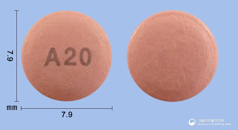 앤티시움정20mg(에스오메프라졸마그네슘삼수화물) 앞뒤 사진 (분홍색 원형, 각인 A20)