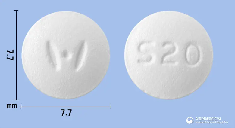 휴스타정20mg(아토르바스타틴칼슘수화물) 앞뒤 사진 (흰색 원형, 각인 S20)
