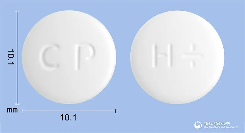 텔미로탄플러스정80/12.5mg 앞뒤 사진 (흰색 원형, 각인 CP / H+)