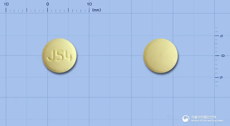 제이비카정5/40mg 앞뒤 사진 (노란색 원형, 각인 J54)