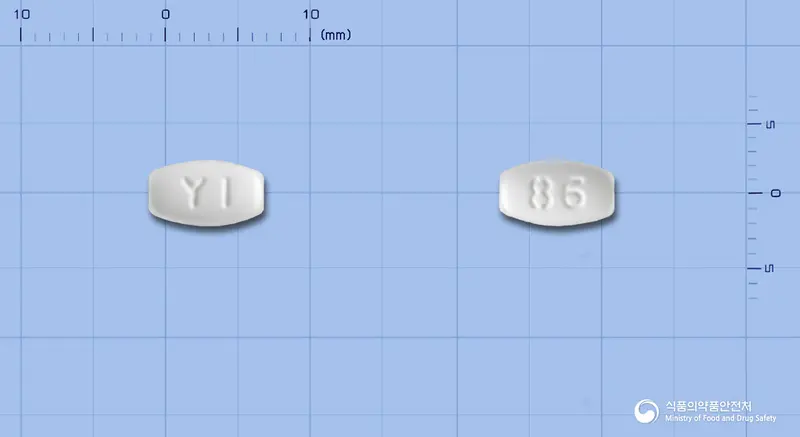 부스핀정5mg(부스피론염산염) 앞뒤 사진 (흰색 타원형, 각인 YI / 86)