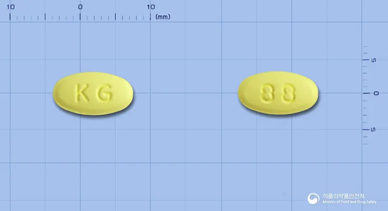 로탄플러스정 앞뒤 사진 (노란색 타원형, 각인 KG / 88)