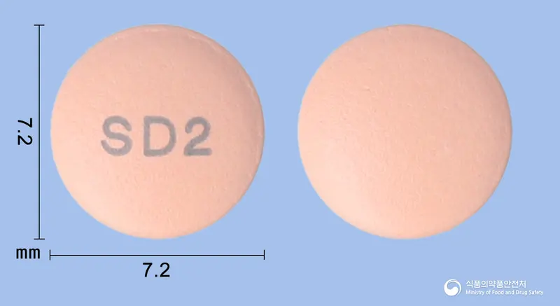 에소맥스정20mg(에스오메프라졸마그네슘삼수화물) 앞뒤 사진 (분홍색 원형, 각인 SD2)