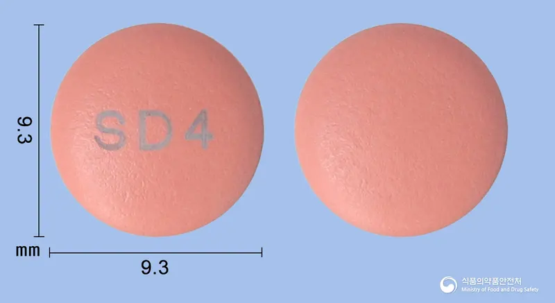 에소맥스정40mg(에스오메프라졸마그네슘삼수화물) 앞뒤 사진 (분홍색 원형, 각인 SD4)