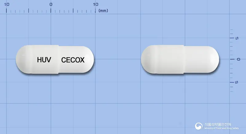 휴렉스캡슐(세레콕시브) 앞뒤 사진 (흰색 캡슐, 각인 HUV CECOX)