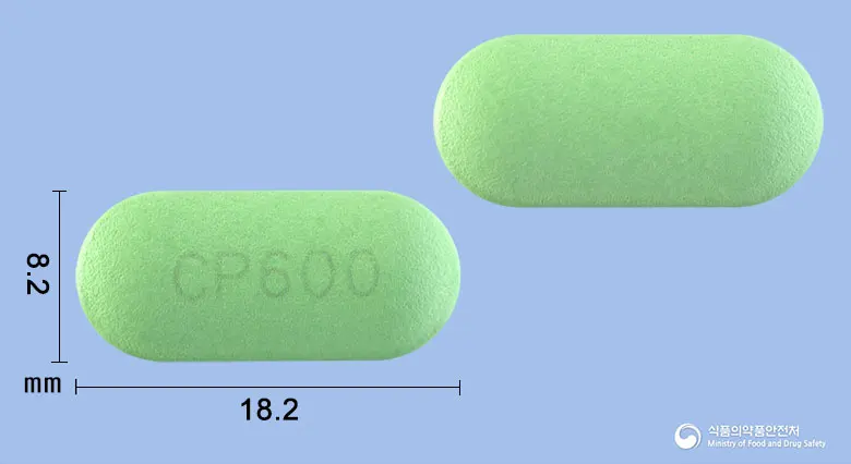 씨엠타시드에이치알정600mg(티옥트산) 앞뒤 사진 (연두색 장방형, 각인 CP600)