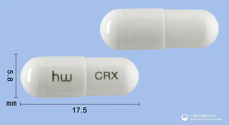 세렉스캡슐(세레콕시브) 앞뒤 사진 (흰색 캡슐, 각인 hw CRX)