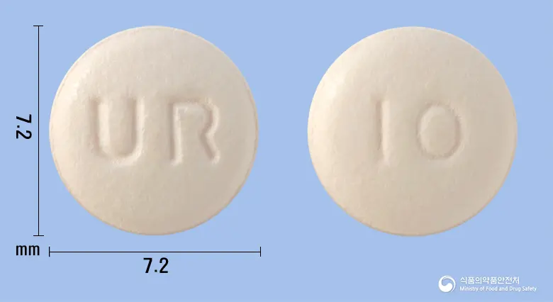 웰유로정10mg(솔리페나신숙신산염) 앞뒤 사진 (분홍색 원형, 각인 UR / 10)