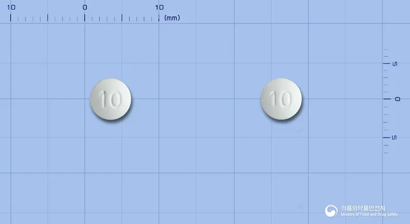 옵서미트정10밀리그램(마시텐탄) 앞뒤 사진 (흰색 원형, 각인 10 / 10)