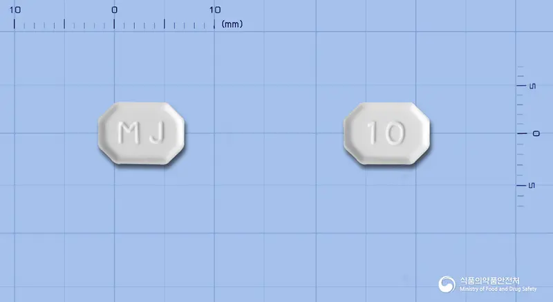 엠피디핀정(암로디핀베실산염) 앞뒤 사진 (흰색 팔각형, 각인 MJ / 10)