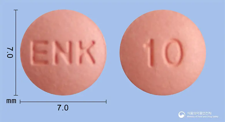 로수반정10mg(로수바스타틴칼슘) 앞뒤 사진 (분홍색 원형, 각인 ENK / 10)