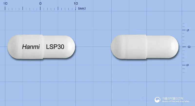 란소졸캡슐30밀리그램(란소프라졸) 앞뒤 사진 (흰색 캡슐, 각인 Hanmi LSP30)