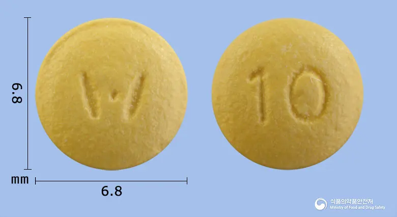 라베휴정10mg(라베프라졸나트륨) 앞뒤 사진 (노란색 원형, 각인 10)