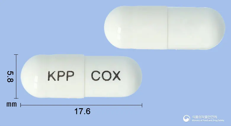 세레벡스캡슐(세레콕시브) 앞뒤 사진 (흰색 캡슐, 각인 KPP COX)